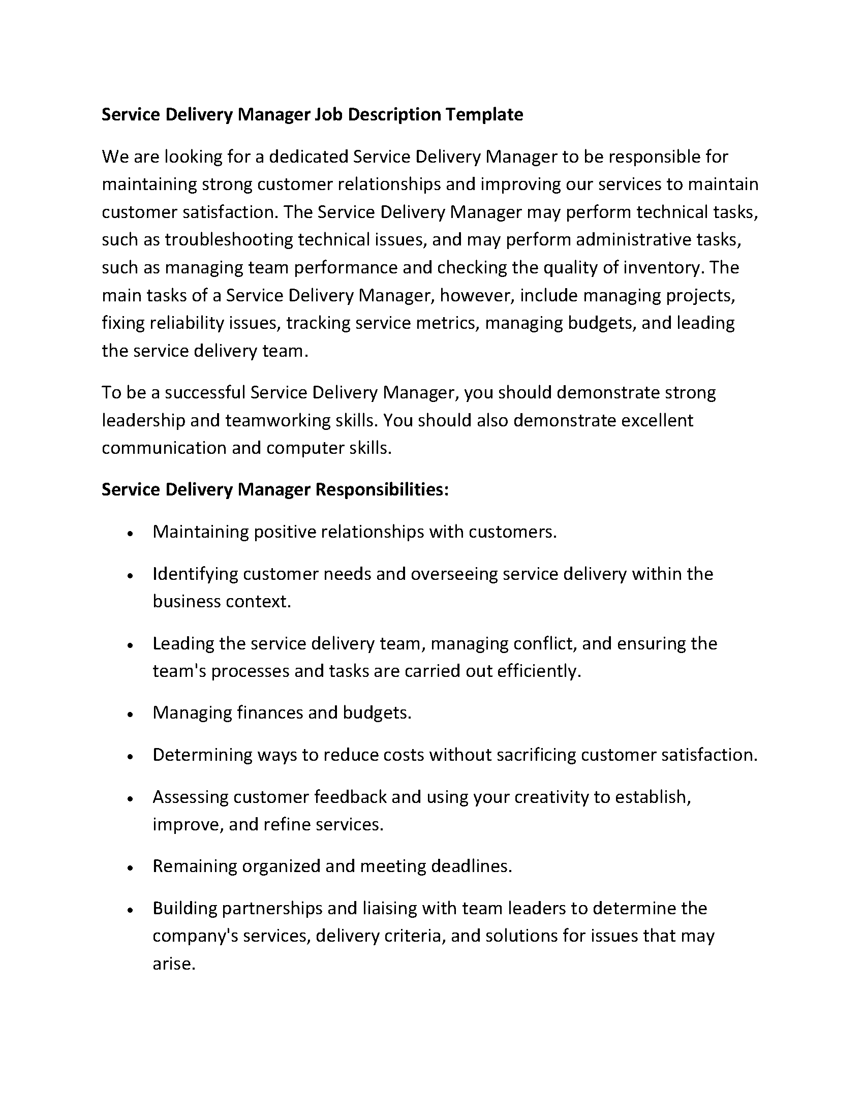 Service Delivery Manager Job Description Template